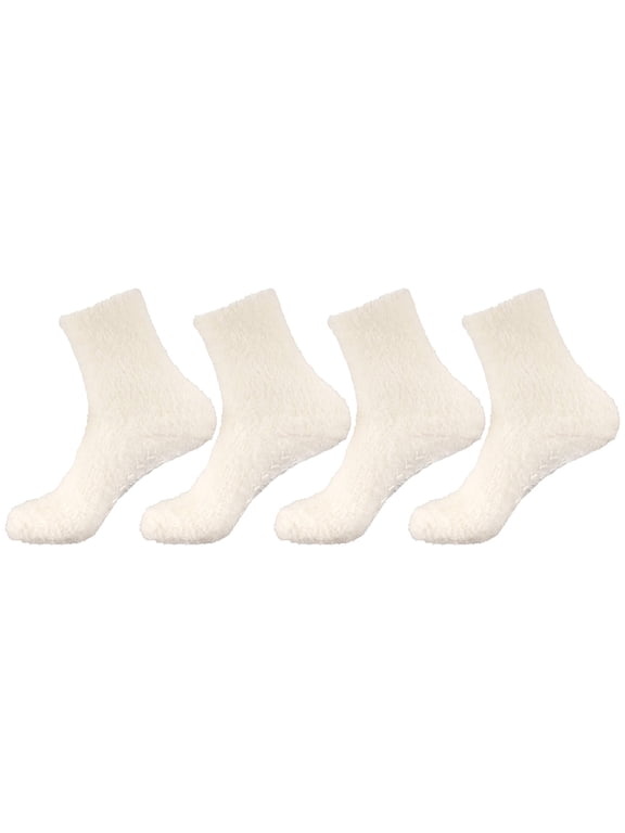 Women's Feather Light Socks with No Slip grips - White - M/L - 4 Pairs