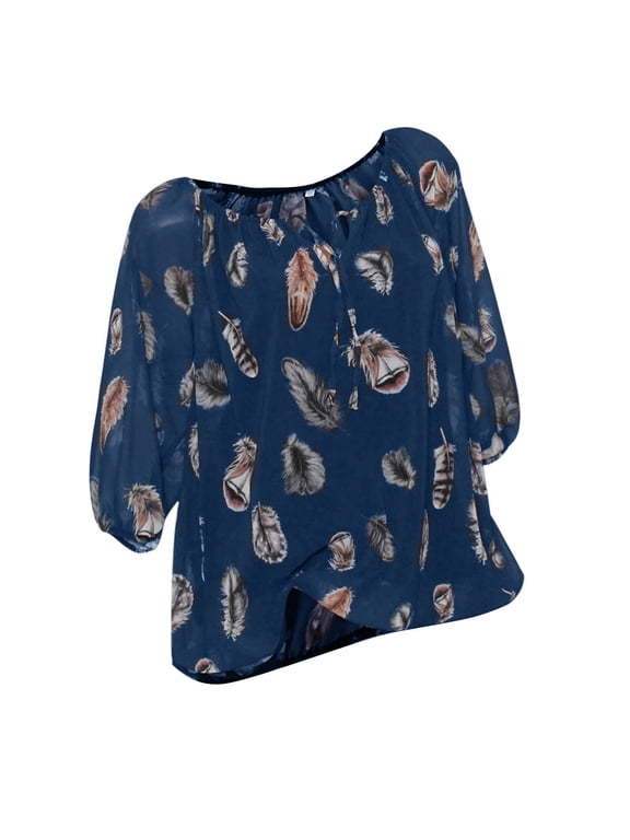 Women's Feather Print Blouse Casual Trendy Tops Loose Fit, Half Sleeve Shirt Flowy Spring and Summer Tops