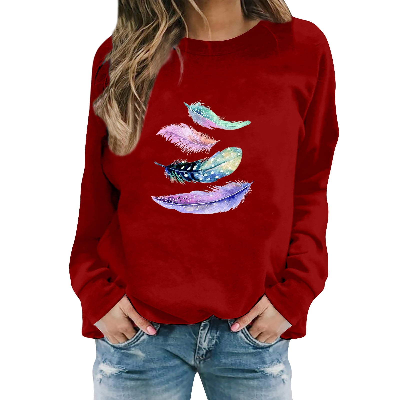Women's Feather Print Casual Fashion Sweatshirt Top Coral Zip up Hoodie ...