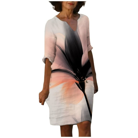 Women's Feather Print Casual V Neck Dress Short Sleeve Summer Beach Dress Flowy Comfortable Stylish Elegant Outfit