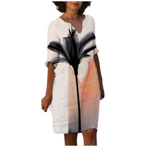 Women's Feather Print Casual V Neck Dress Short Sleeve Summer Beach Dress Flowy Comfortable Stylish Elegant Outfit