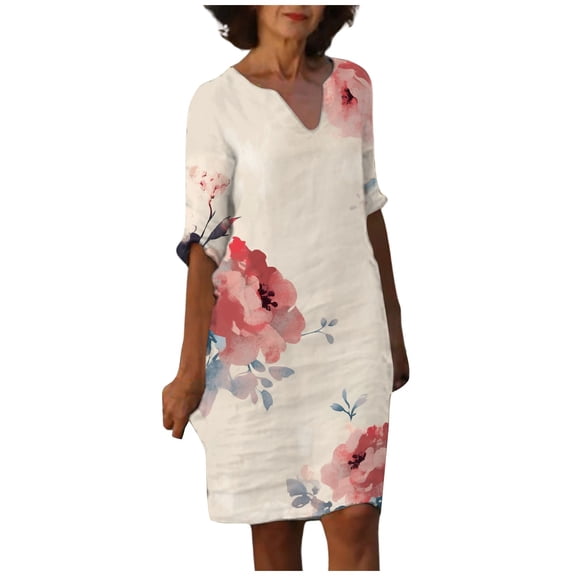 Women's Feather Print Casual V Neck Dress Short Sleeve Summer Beach Dress Flowy Comfortable Stylish Elegant Outfit