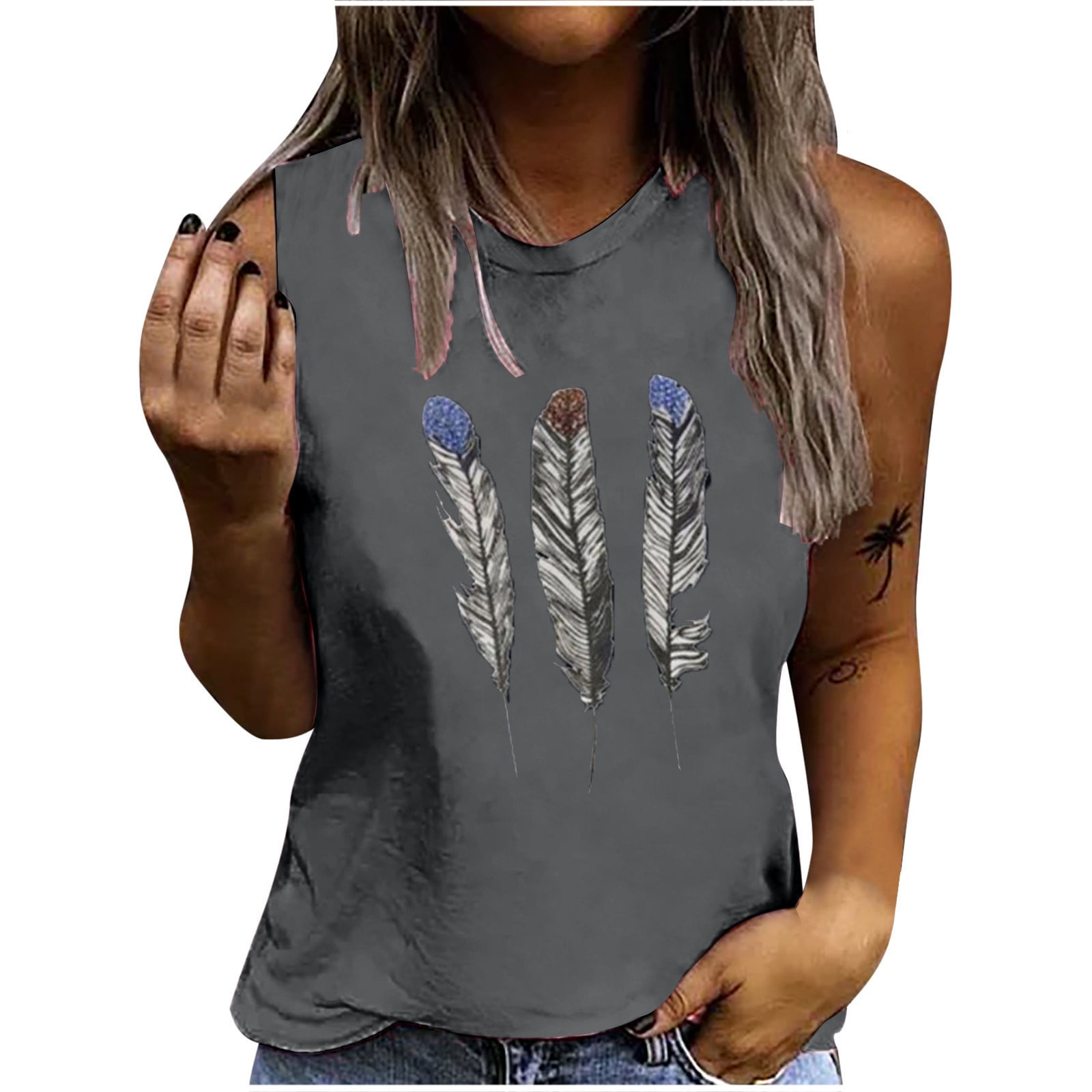  Casual Tops for Women Dressy Summer Feather Print Sleeveless  Crew Neck Tank Shirts Loose Fit Tee Blouses Vest : Sports & Outdoors