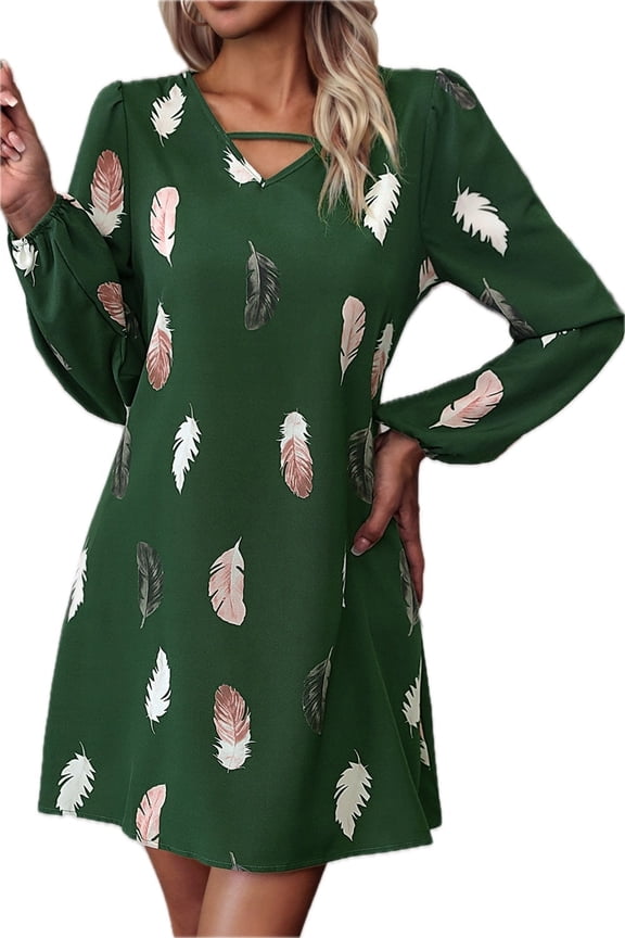Women's Feather Print V Neck Dress 95% polyester 5% elastane Basic style not lined versatile daily day to night wear