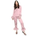thumbnail image 1 of Women's Feather Trim Silk Satin Pajama Set Long Sleeve Button Down Top with Comfortable Pants for Elegant Sleepwear and Loungewear, 1 of 8