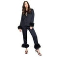 thumbnail image 1 of Women's Feather Trim Silk Satin Pajama Set Long Sleeve Button Down Top with Comfortable Pants for Elegant Sleepwear and Loungewear, 1 of 7