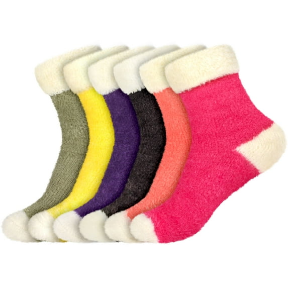 Women's Featherlight Cuff Cute Warm Plush Cozy Fuzzy Slipper Socks - Assortment 6D - 6prs