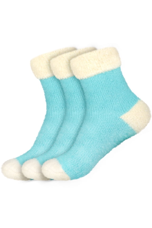 Women's Featherlight Cuff Cute Warm Plush Cozy Fuzzy Slipper Socks - Light Blue - 3prs