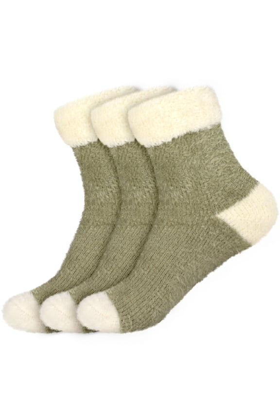 Women's Featherlight Cuff Cute Warm Plush Cozy Fuzzy Slipper Socks - Olive Green - 3prs
