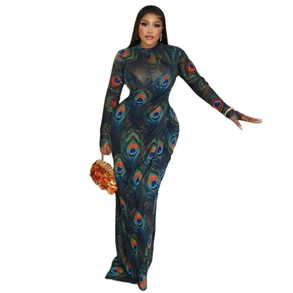 Women's Feathers Print Turtleneck Long Sleeve Hips Wrapped Long Dress, Slight Perspective, Sexy