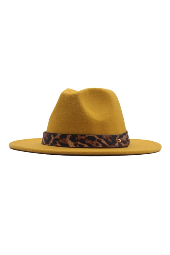 Women's Felt Fedora Panama Hat, Classic Wide Brim Hat with Leopard Belt Buckle, Lightweight Fashion Fedora Hats for Outdoor Travel, Vacation, Party, Church, Casual Daily Wear, Yellow, M
