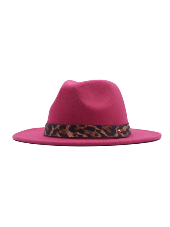 Women's Felt Fedora Panama Hat, Classic Wide Brim Hat with Leopard Belt Buckle, Lightweight Fashion Fedora Hats for Outdoor Travel, Vacation, Party, Church, Casual Daily Wear, Hot Pink, M