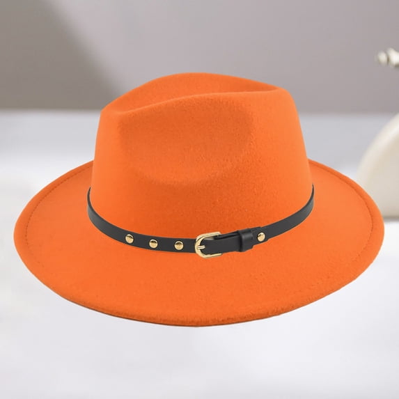 Women's Felt Panama Hats Classic Wide Brim Rancher Fedora with Belt Buckle Cowboy Style Orange