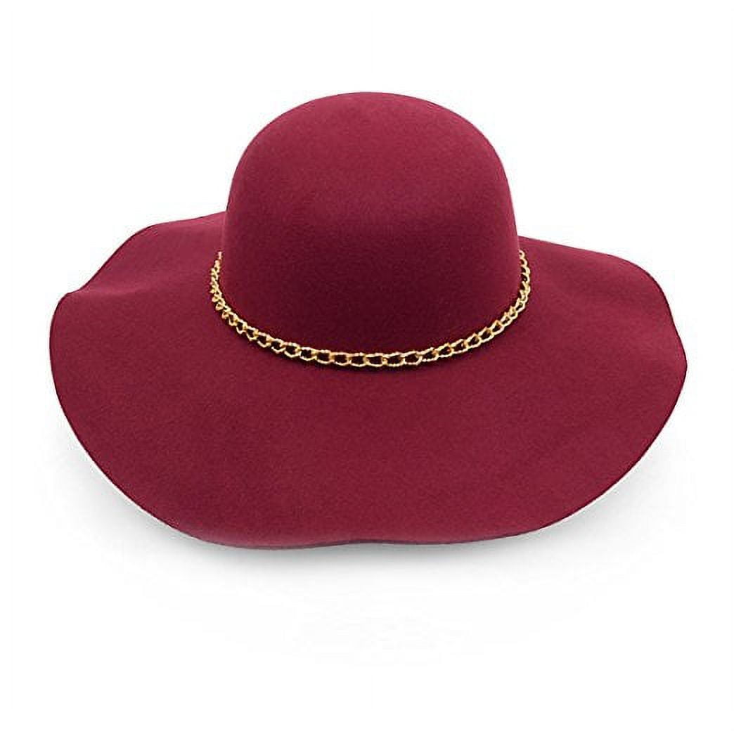 Women's Felt Wide Brim Floppy Fedora Hat With Gold Tone Chain Band