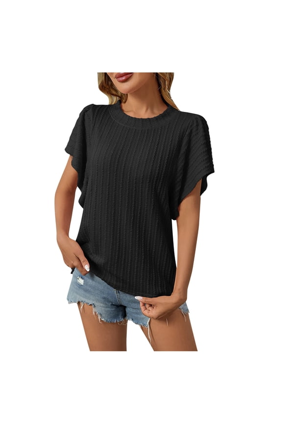 Women's Feminine Flounce Blouse Short Sleeve Crewneck Casual Top with Layered Ruffle Detail Soft Romantic Summer Shirt