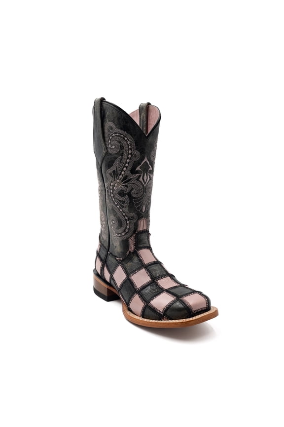 Women's Ferrini Patchwork Leather Boots Handcrafted Square Toe Black Pink
