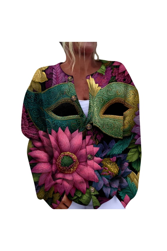 Women's Festival Printed Knitted Cardigan - Long Sleeve Button-Front Party Jacket, Colorful Holiday Outerwear, Fuchsia Size L