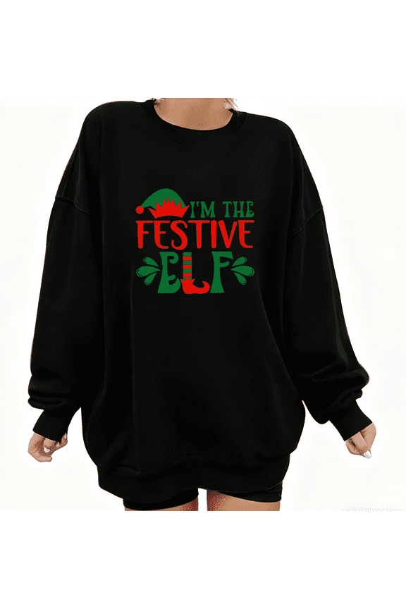 Women's Festive Elf Christmas Graphic Sweatshirt for Holiday Graphic Top Breathable Round-neck long-sleeved Black S-3XL
