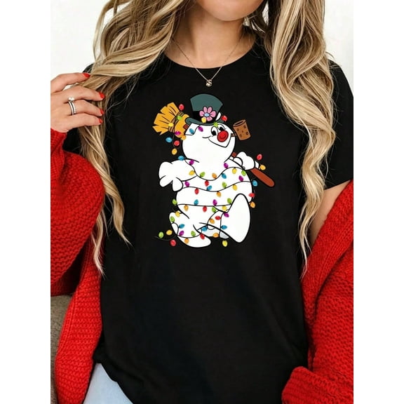 Women's Festive Frosty Snowman Christmas Cartoon Graphic Print Cotton T-Shirt, Casual Short Sleeve Round Neck Tee Top For Holiday Season