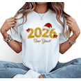 thumbnail image 1 of Women's Festive Graphic T-Shirt - 2026 Santa Hat Print Tee - Gold Glitter Red Bow Celebration Short Sleeve Tops, 1 of 5
