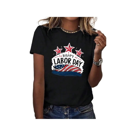 Women's Festive Labor Day T-Shirt – Red With _HAPPY LABOR DAY_ Print, Comfort Fit, Short Sleeve, Round Neck, Casual Style, Machine Washable ,100% Cotton, Casual American Minimalist