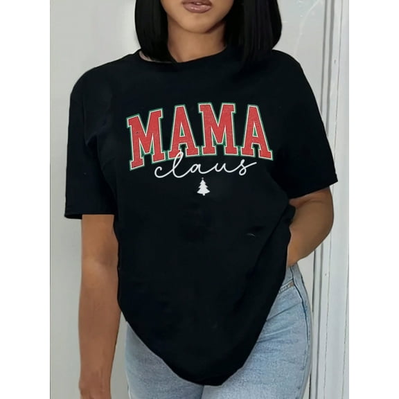 Women's Festive Mom's Christmas T-Shirt - "Family Christmas 2025" "Mam"Design, Casual Round Neck, Regular Fit Holiday Top With Santa Hat And Ornament Graphics, Seasonal Clothing | Santa Hat Design