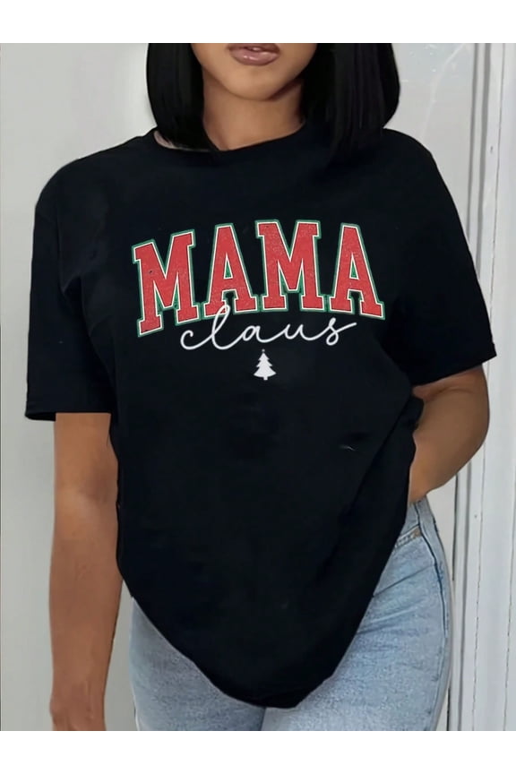 Women's Festive Mom's Christmas T-Shirt - "Family Christmas 2025" "Mam"Design, Casual Round Neck, Regular Fit Holiday Top With Santa Hat And Ornament Graphics, Seasonal Clothing | Santa Hat Design