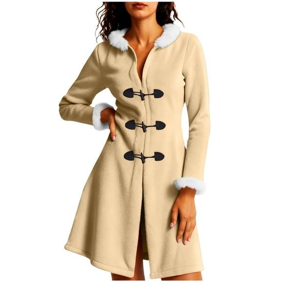 Women’s Festive Plush Coat Hooded Cardigan Toggle Buttons Faux Fur Trim Relaxed Fit Christmas Y2K Style Warm Cozy Outerwear for Winter Holidays