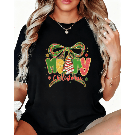 Women's Festive Typography T-Shirt - Red Green Ombre Bow Design Short Sleeve Graphic Tee Featuring Gingerbread E, Holiday Glam Tops