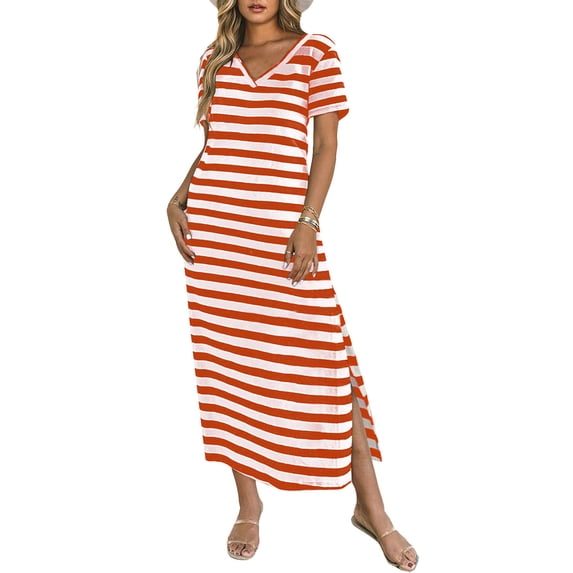 Women's Fiery Red & Black Striped V Neck Maxi Dress – Casual Summer Style with Side Splits, 2XL