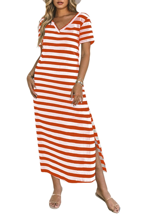 Women's Fiery Red & Black Striped V Neck Maxi Dress – Casual Summer Style with Side Splits, 2XL