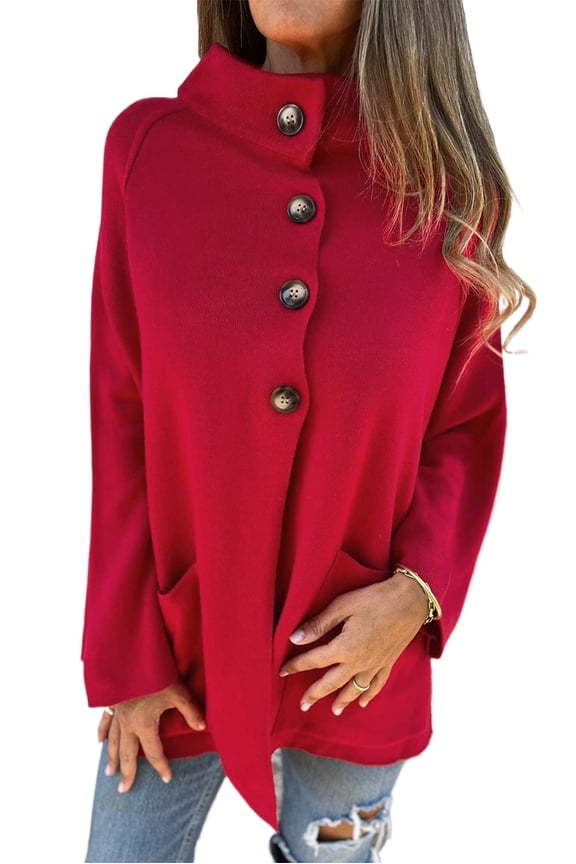 Women's Fiery Red Collared Button Cardigan Jacket – Casual Winter Layering | XL