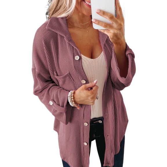 Women's Fiery Red Pink Ribbed Shacket with Roll Tab Sleeves – Casual Daily Layering | M