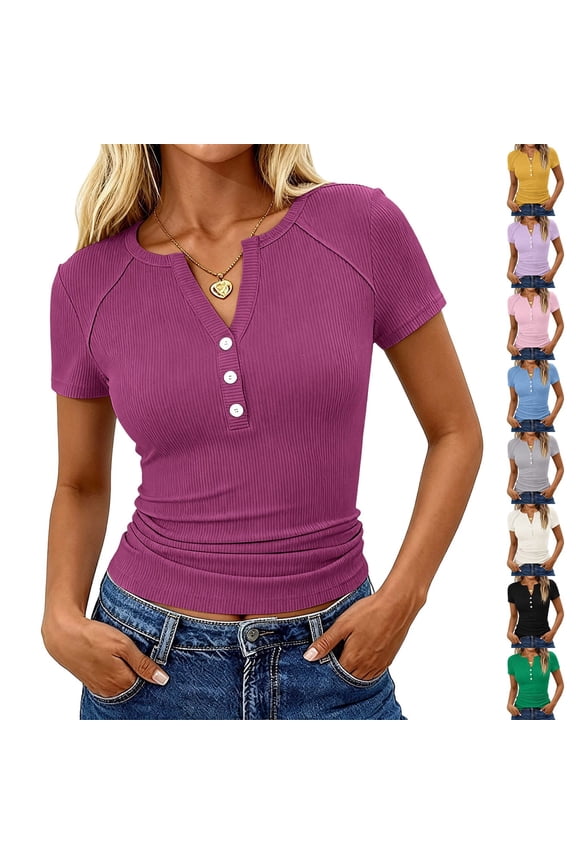 Women's Figure-Flattering Ribbed Knit Henley Neck Button Short Sleeve Slim Fit Office Casual Tops, 02# Purple L