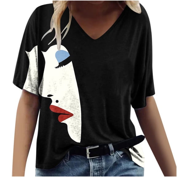 Women's Figure Graphic Print T-Shirt,Short Sleeve Trendy Blouse 2023 V Neck Casual Tunic Tops Loose Comfy Summer T-shirt