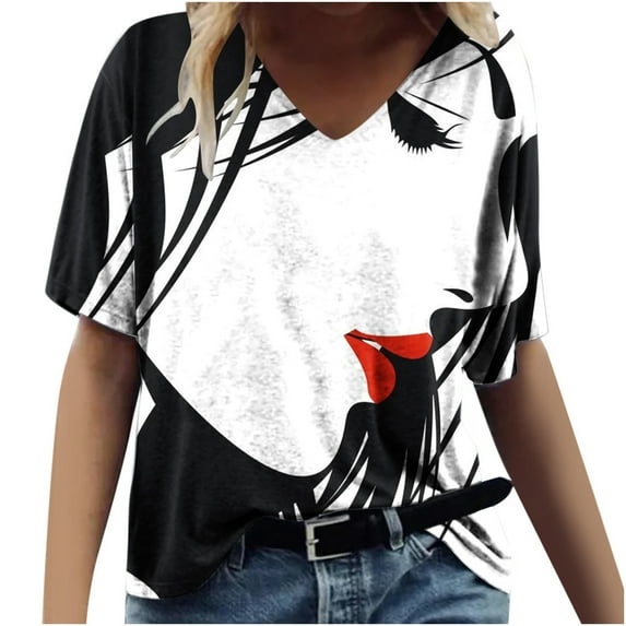 Women's Figure Graphic Print T-Shirt,Short Sleeve Trendy Blouse 2023 V Neck Casual Tunic Tops Loose Comfy Summer T-shirt