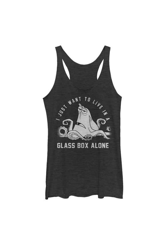Women's Finding Dory Hank Glass Box Alone Racerback Tank Top Black Heather Large