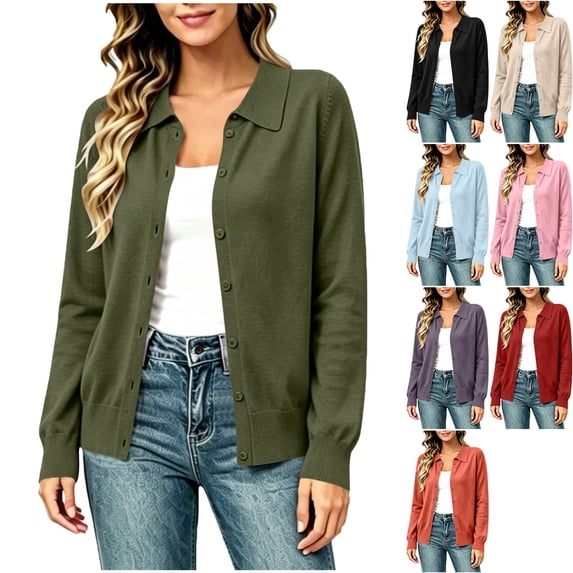 Women's Fine Knit Button Down Cardigan Sweater Long Sleeve Collared Blouse Lightweight Ribbed Cuff for Business Casual Teacher Outfits, Army Green, L