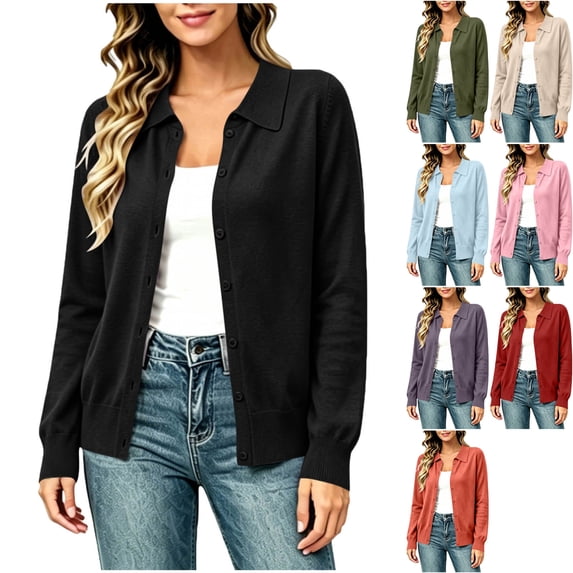 Women's Fine Knit Button Down Cardigan Sweater Long Sleeve Collared Blouse Lightweight Ribbed Cuff for Business Casual Teacher Outfits, Black, XL