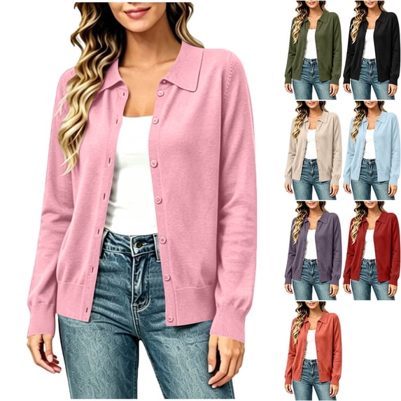 Women's Fine Knit Button Down Cardigan Sweater Long Sleeve Collared Blouse Lightweight Ribbed Cuff for Business Casual Teacher Outfits, Pink, S