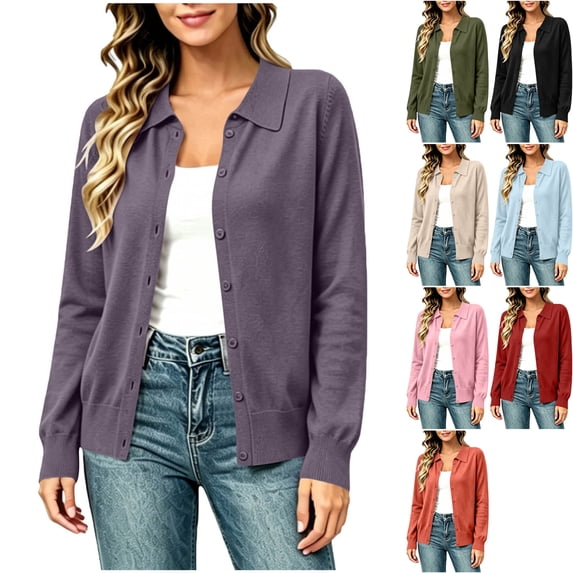 Women's Fine Knit Button Down Cardigan Sweater Long Sleeve Collared Blouse Lightweight Ribbed Cuff for Business Casual Teacher Outfits, Purple, M