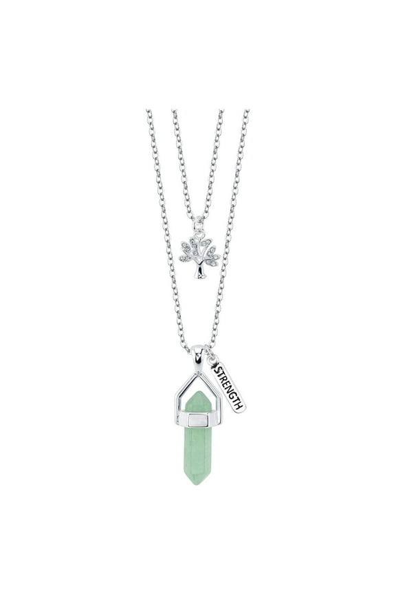 Women's Fine Silver Plated Green Aventurine "Family" Tree Layer Necklace, 16 & 18" + 2" Extender