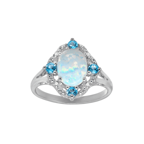 Women's Finecraft 1 1/6 cttw Lab-Created Opal and Swiss Blue Topaz Ring with Diamonds in Sterling Silver