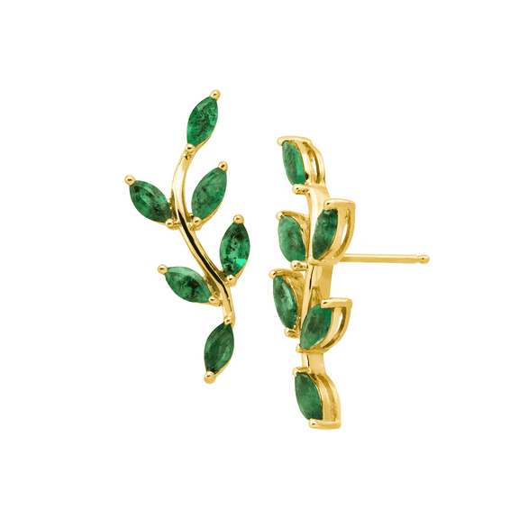 Women's Finecraft 2 cttw Natural Emerald Leaf Climber Stud Earrings in 10kt Yellow Gold