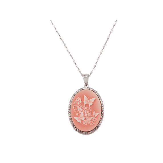 Women's Finecraft Butterfly and Flower Cameo Pendant Necklace with Crystals in Sterling Silver, 18"