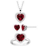 Women's Finecraft Created Ruby & White Sapphire Heart Necklace, Earring & Ring Set in Sterling Silver, 18"