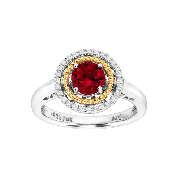 Women's Finecraft Finecraft Created Ruby Double Halo Ring with Diamonds in Sterling Silver & 14kt Yellow Gold, Size 7
