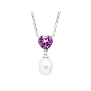 Women's Finecraft Freshwater Pearl & Natural Amethyst Heart Drop Necklace with Diamond in Sterling Silver, 17"