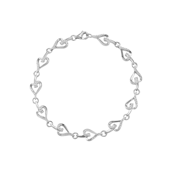 Women's Finecraft Heart Link Bracelet with Diamonds in Sterling Silver, 7"