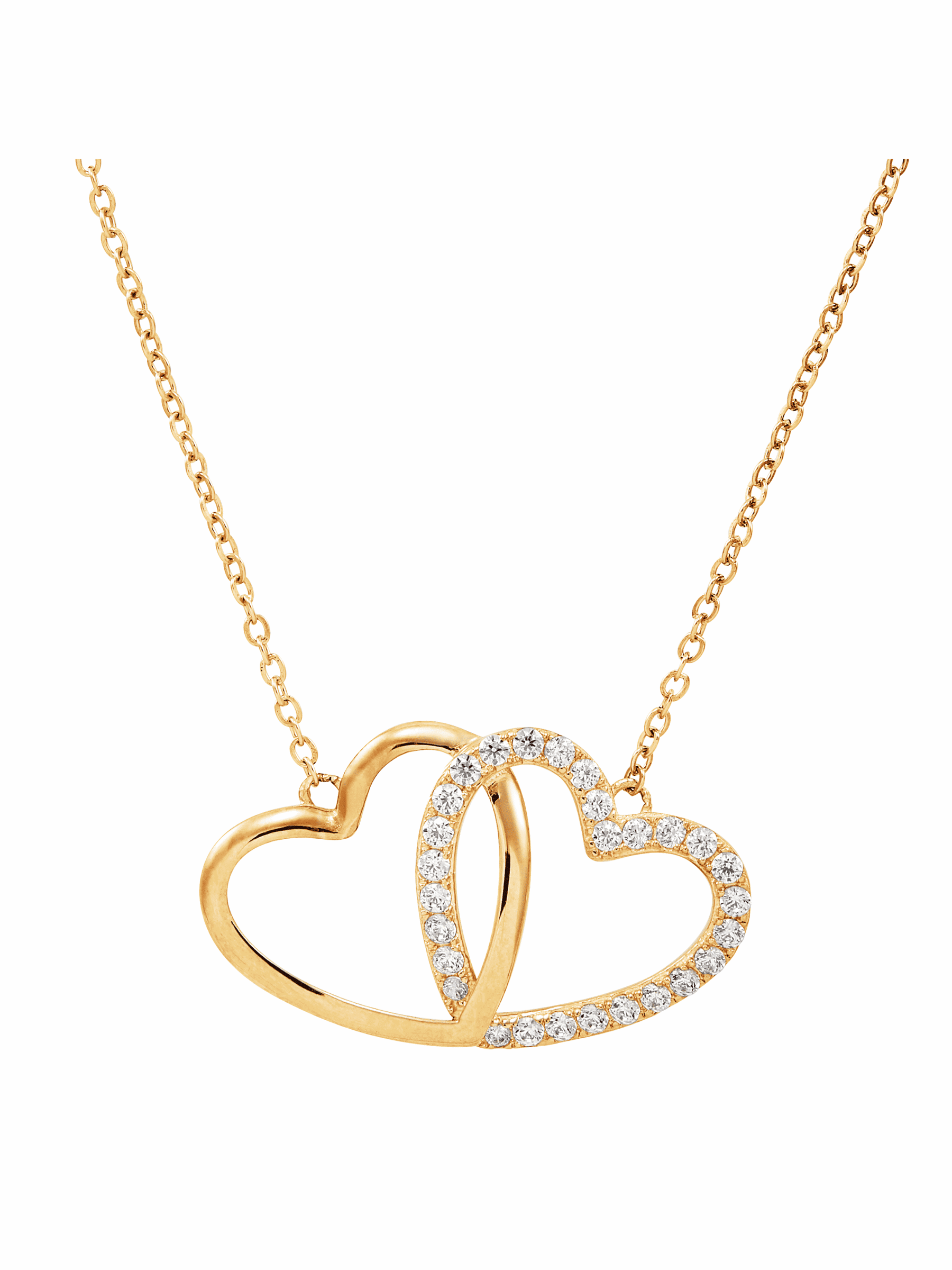 Women's Finecraft Interlocking Hearts Pendant Necklace with Cubic Zirconias in 10kt Yellow Gold, 17.5"